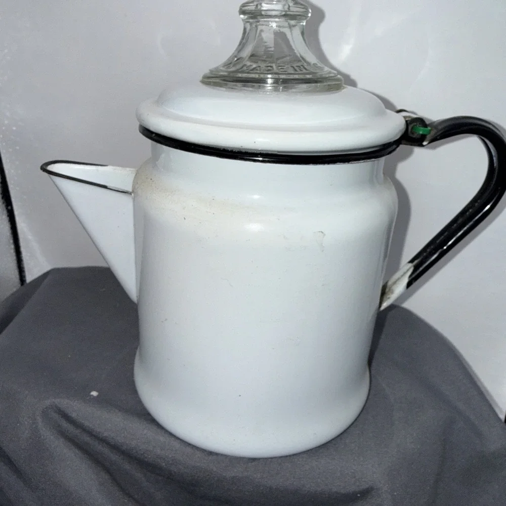Vintage Pyrex Enamelware 2pc Coffee Pot farmhouse 7.75